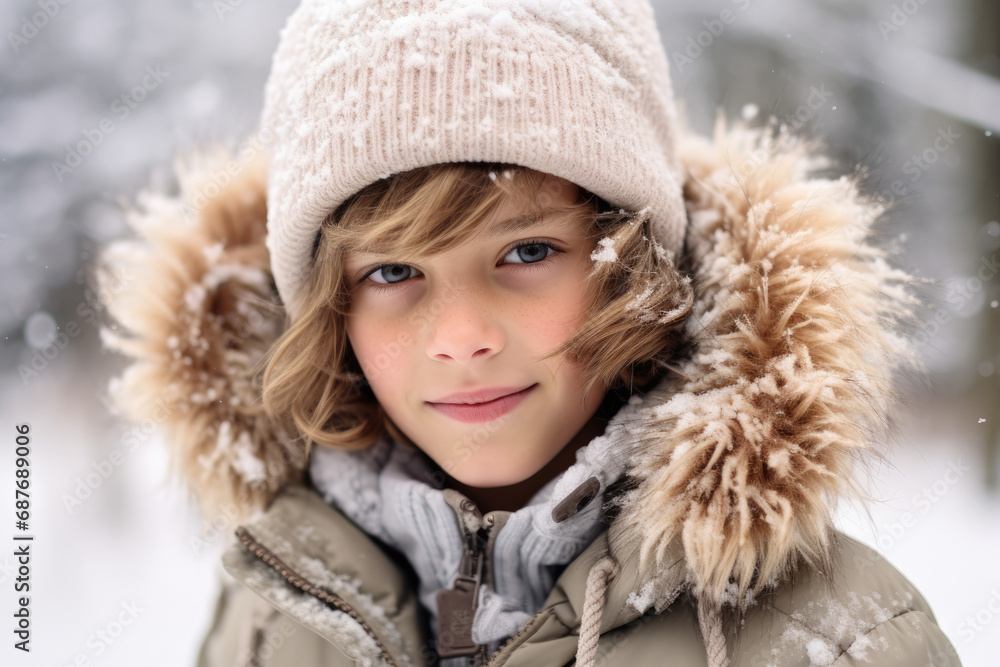 A young boy wearing a hat and a jacket with a fur hood A young boy wearing a hat and a jacket with a fur hood