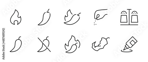 Spicy hot chili pepper icons set flame No pepper mild medium hot and extra hot level sauce,snack food menu, ingredient line icon, editable stroke isolated on white, linear vector outline symbol
