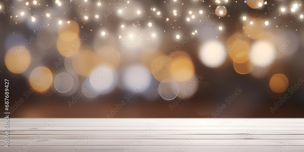 Empty mock up white wood table with blurred lights in background Empty mock up white wood table with blurred lights in background