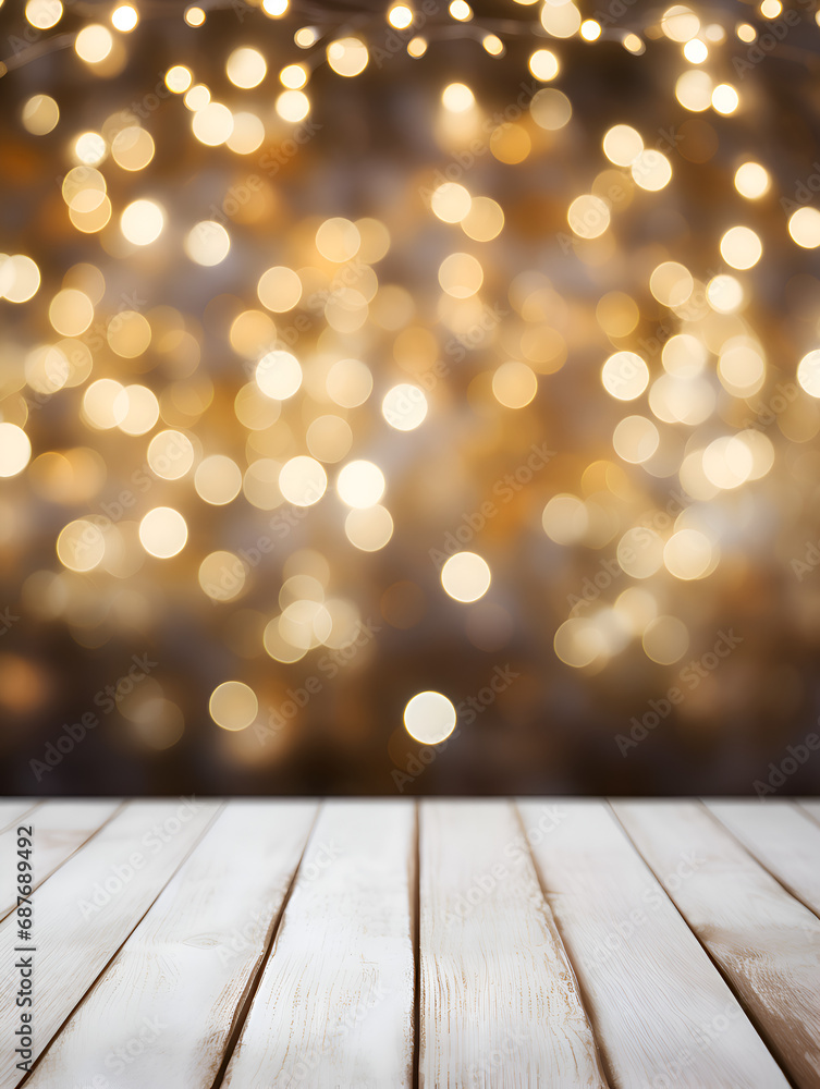 Empty mock up white wood table with blurred Christmas lights in background Empty mock up white wood table with blurred Christmas lights in background