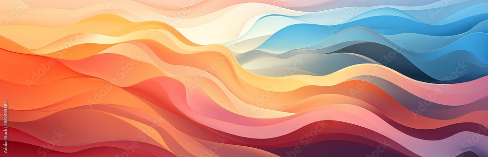 Abstract background of wavy lines, pastel shades of the rainbow, banner with space for text, Concept: mixing paint shades
