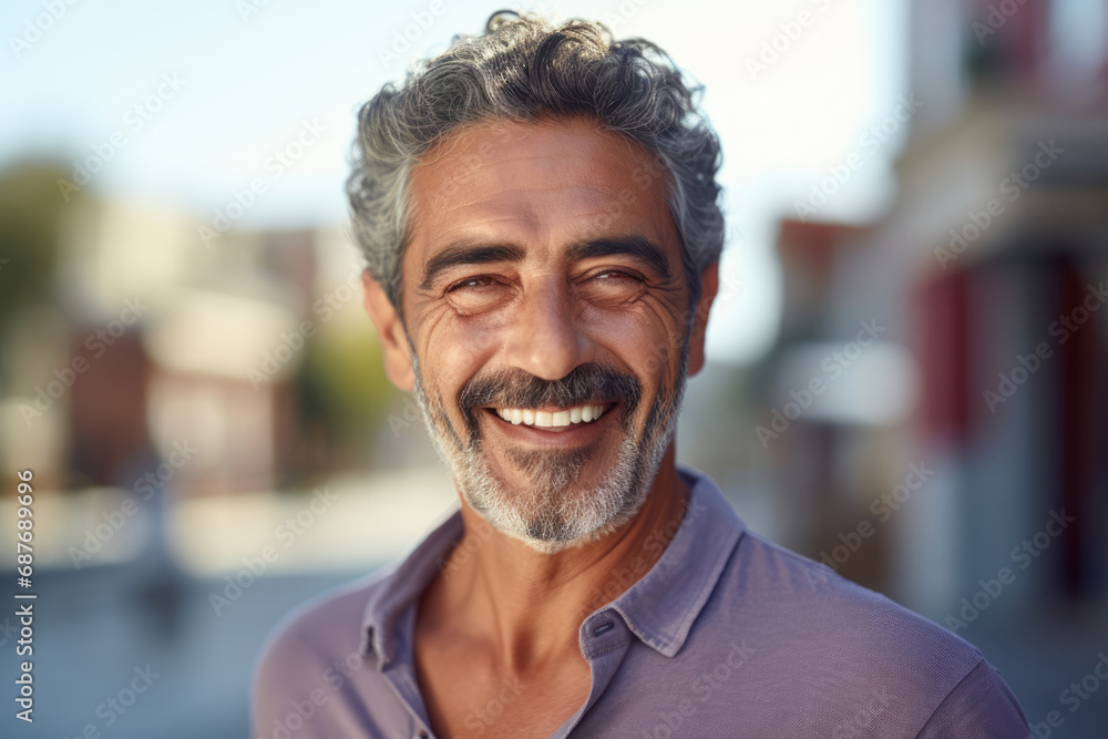 A man with gray hair and a beard smiles for the camera A man with gray hair and a beard smiles for the camera