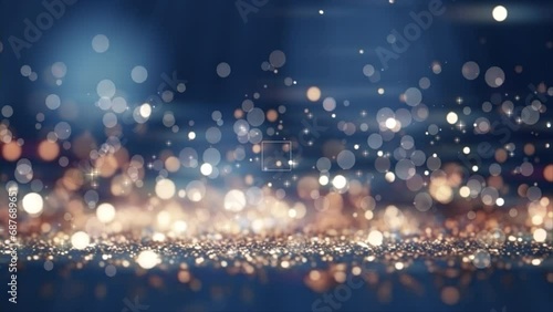 Motion background shining colorful particles. Glittering shimmering particles with bokeh. New Year and Christmas 2024, 2023 background. Noise. Seamless 4K loop video animation. Star rain abstract.