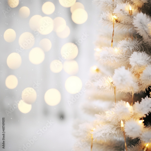 Blurred winter landscape with snowflakes and fir trees branches covered with frost wonderland, bokeh light. Winter mood. Snow covered branches in winter. AI Generative