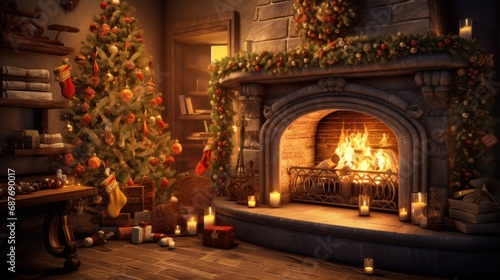  a fireplace in a living room with a christmas tree on the mantle and a christmas tree on the fireplace mantel. © Anna