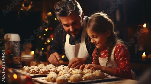 A joyful family scene in the kitchen during Christmas  with parents and children baking and preparing festive treats together