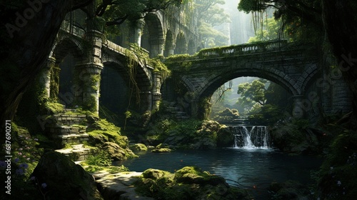 A tranquil, ancient garden with ornate bridges and flowing streams in a hidden valley.