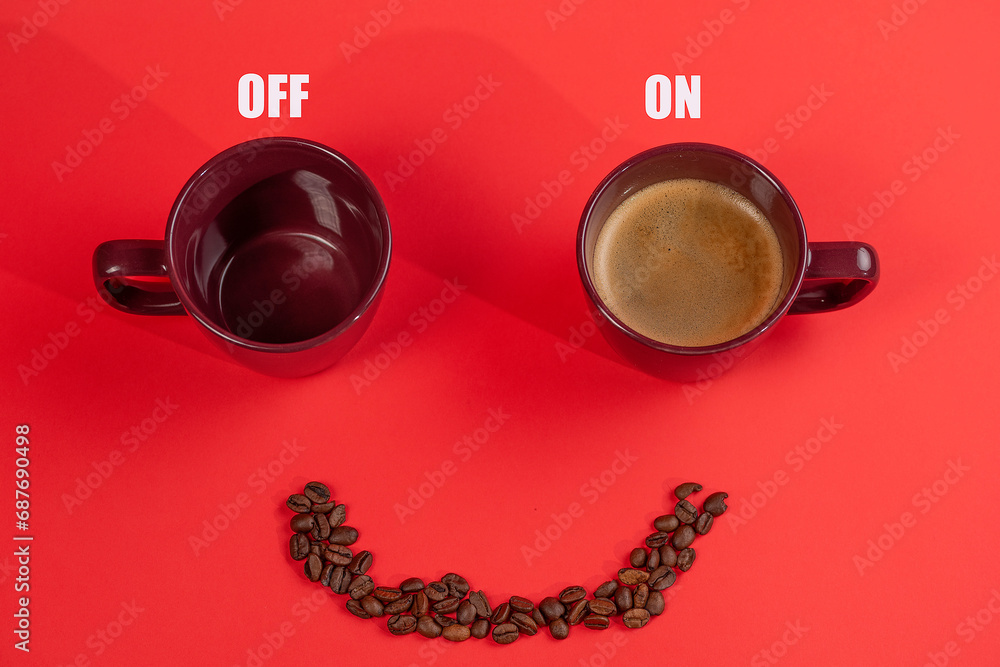 empty cup and filled cup with coffee with on off inscriptions empty cup and filled cup with coffee with on off inscriptions