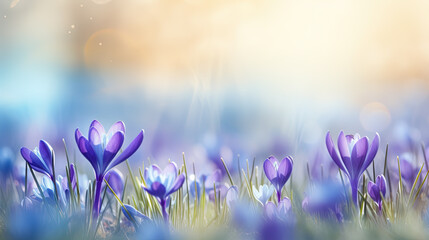 Purple crocus flowers in early spring in the garden