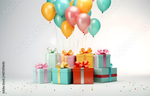 colorful bunch balloons with gift box flying on beige light boke