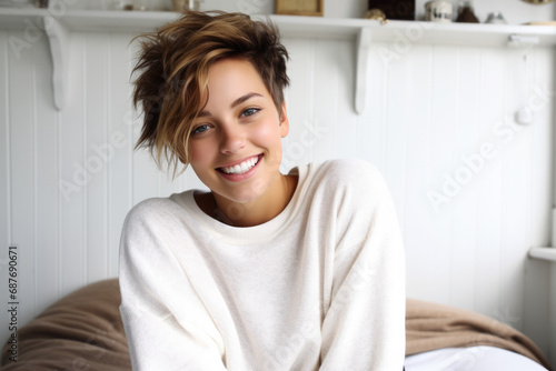 A woman with short hair is smiling and wearing a white sweater