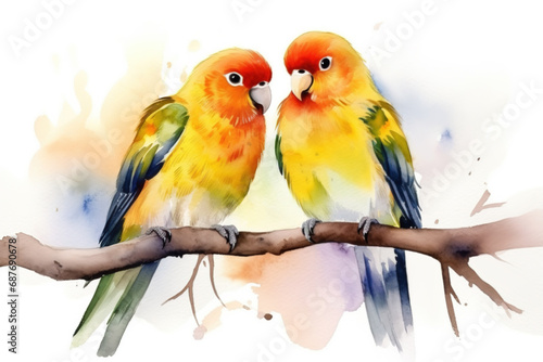 Two love birds cuddle on a twig. Watercolor bird illustration