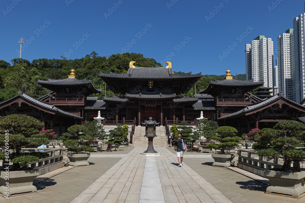 Hong Kong 11.5.2023 Chi Lin Nunnery is a large Buddhist temple complex located in Diamond Hill, Kowloon, Hong Kong Hong Kong 11.5.2023 Chi Lin Nunnery is a large Buddhist temple complex located in Diamond Hill, Kowloon, Hong Kong