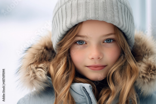 A young girl wearing a hat and a jacket with a fur hood