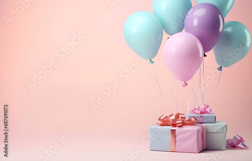 colorful bunch balloons with gift box flying on beige light boke © Oleksiy