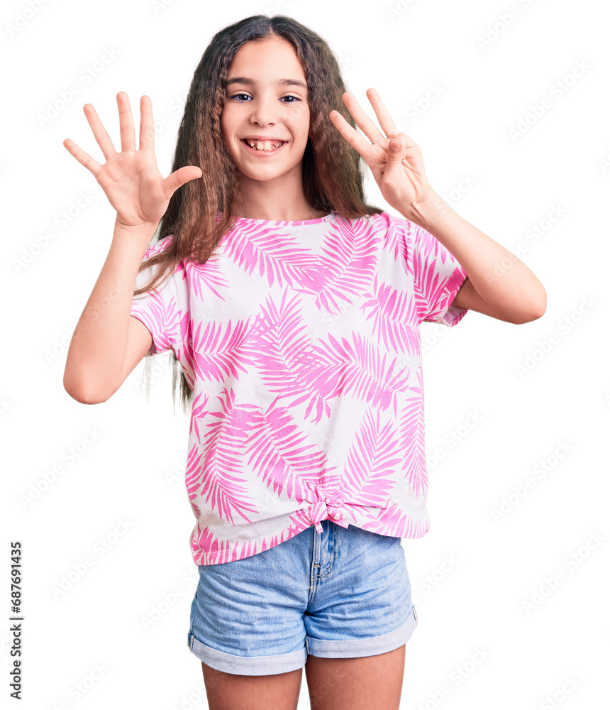 Cute hispanic child girl wearing casual clothes showing and pointing up with fingers number eight while smiling confident and happy. Cute hispanic child girl wearing casual clothes showing and pointing up with fingers number eight while smiling confident and happy.