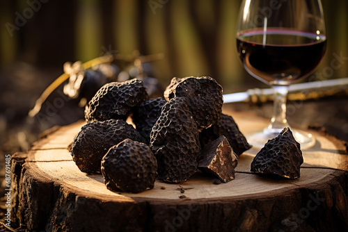 black truffles lying on a rustic wooden table and a glass of red wine. ai generative