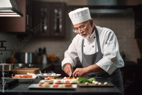 A chef prepares food in a kitchen while wearing glasses