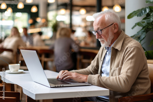 An older man sits at a table using a laptop computer