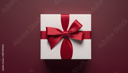 Blank white gift box top view of white present box tied with red ribbon bow isolated on dark red background for christmas and new year 3D rendering  created with generative ai © Chaudhry
