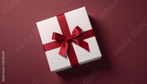 Blank white gift box top view of white present box tied with red ribbon bow isolated on dark red background 3D rendering created with generative ai