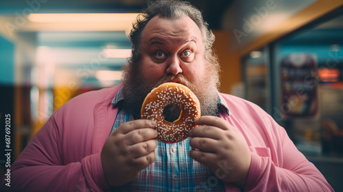 a fat man looks sadly at a beautiful donut in his hand. ai generative photo