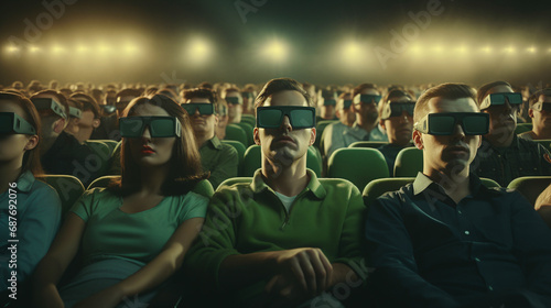 people sit in the chairs of a 3D cinema and watch a film. ai generative