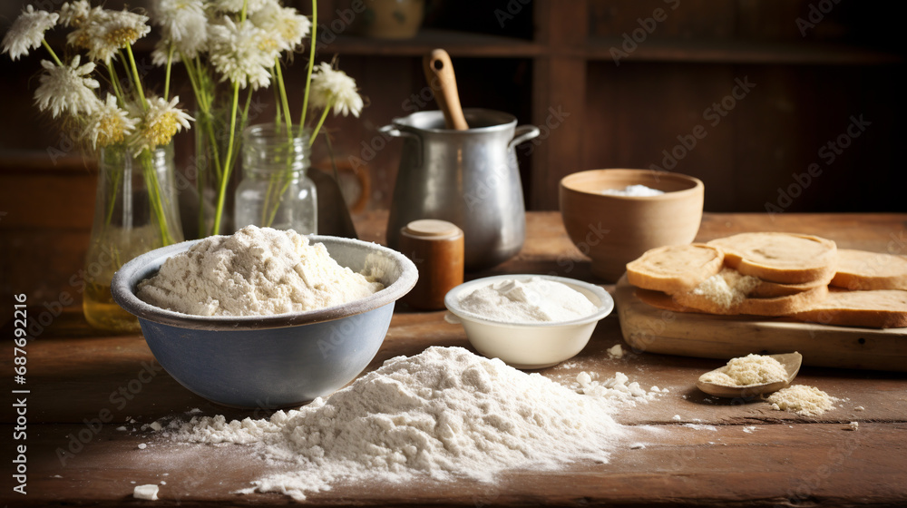 flour and butter in a bowl on the kitchen table. ai generative flour and butter in a bowl on the kitchen table. ai generative
