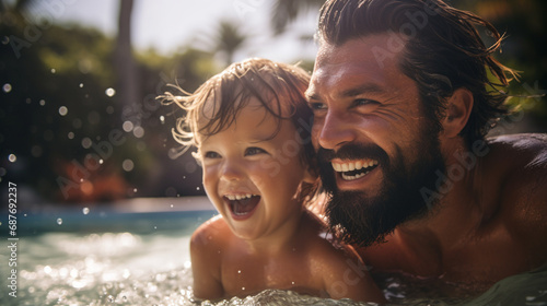 father and child swim joyfully in pool. ai generative