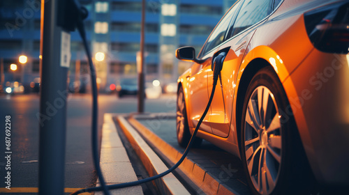 An electric car in a parking lot is being charged from a charging station. ai generative