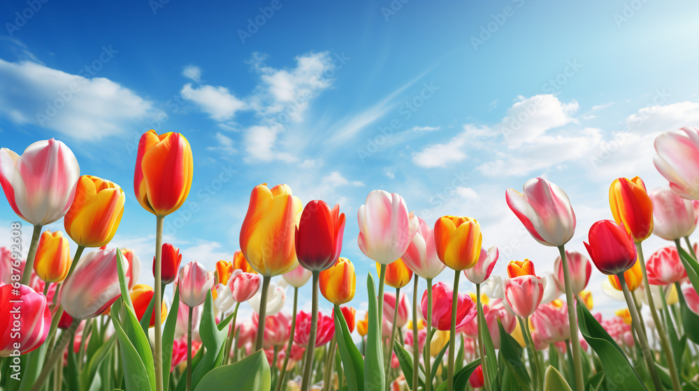 field of beautiful tulips against a blue sky. ai generative