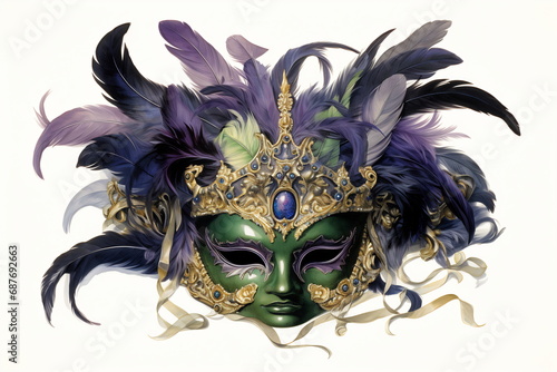 Carnival Mardi Gras label with masquerade mask, feathers on white. Vintage style