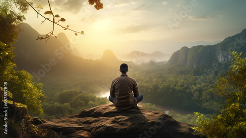 breathing meditation man in peace, against the backdrop of calm nature. ai generative