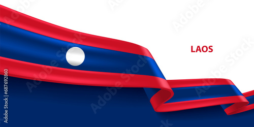 Laos 3D ribbon flag. Bent waving 3D flag in colors of the Laos national flag. National flag background design.
