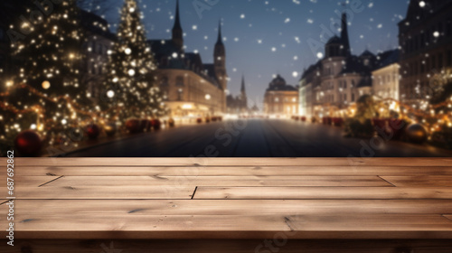 Empty wooden table top with bokeh festive Christmas fairy lights, Christmas tree and Christmas market. Festive theme. Stage for product design. Generative AI © Ray