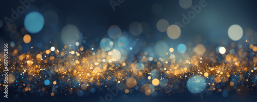 Bokeh background with blue and gold sparkles. ai generative