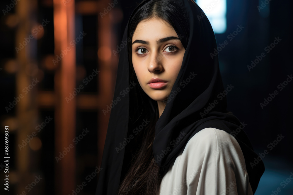 A woman wearing a black head scarf looks at the camera A woman wearing a black head scarf looks at the camera