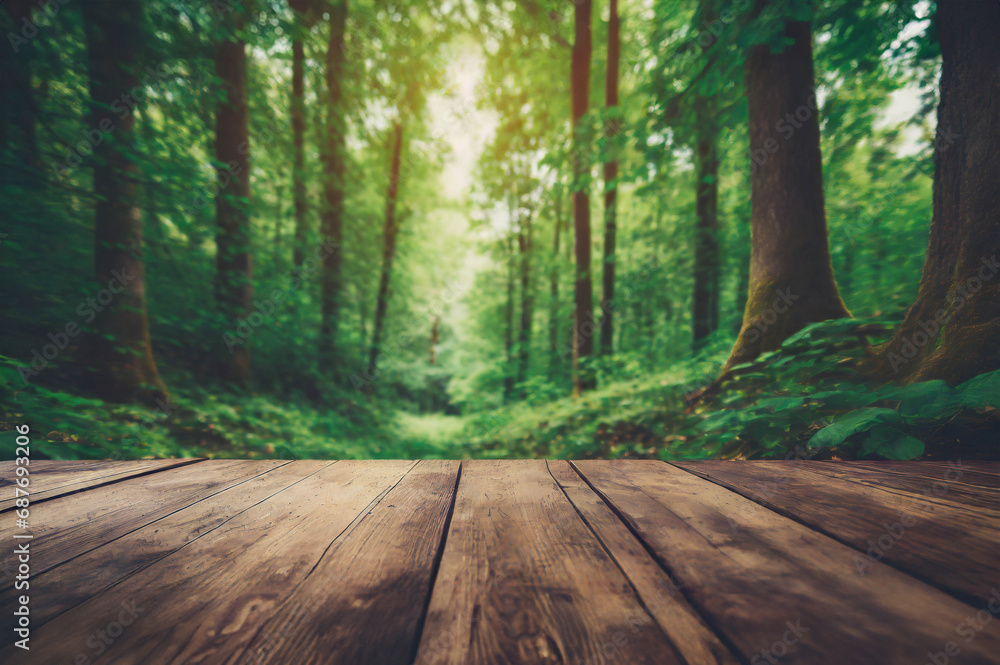 Empty wooden table with green forest background Empty wooden table with green forest background