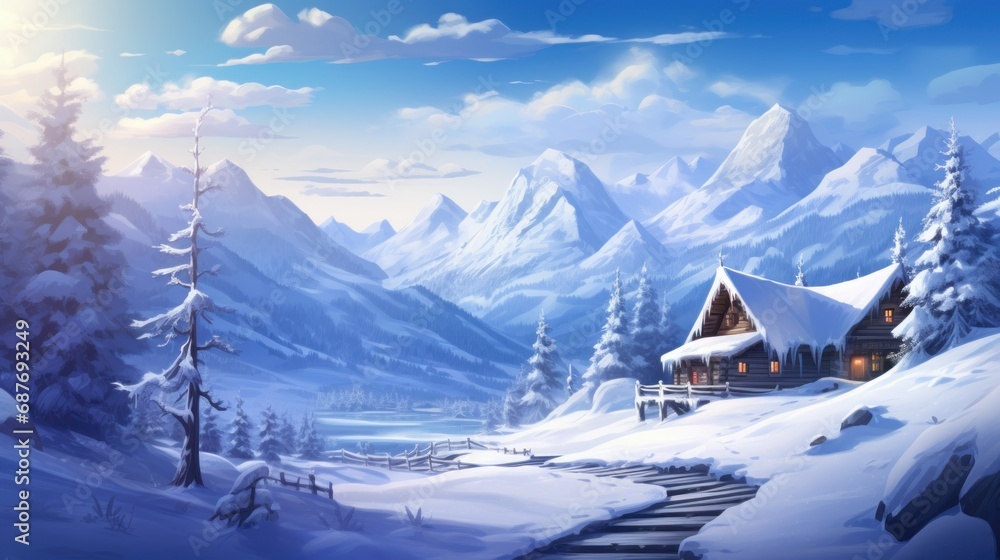  a picture of a snow covered mountain with a snow covered wooden house