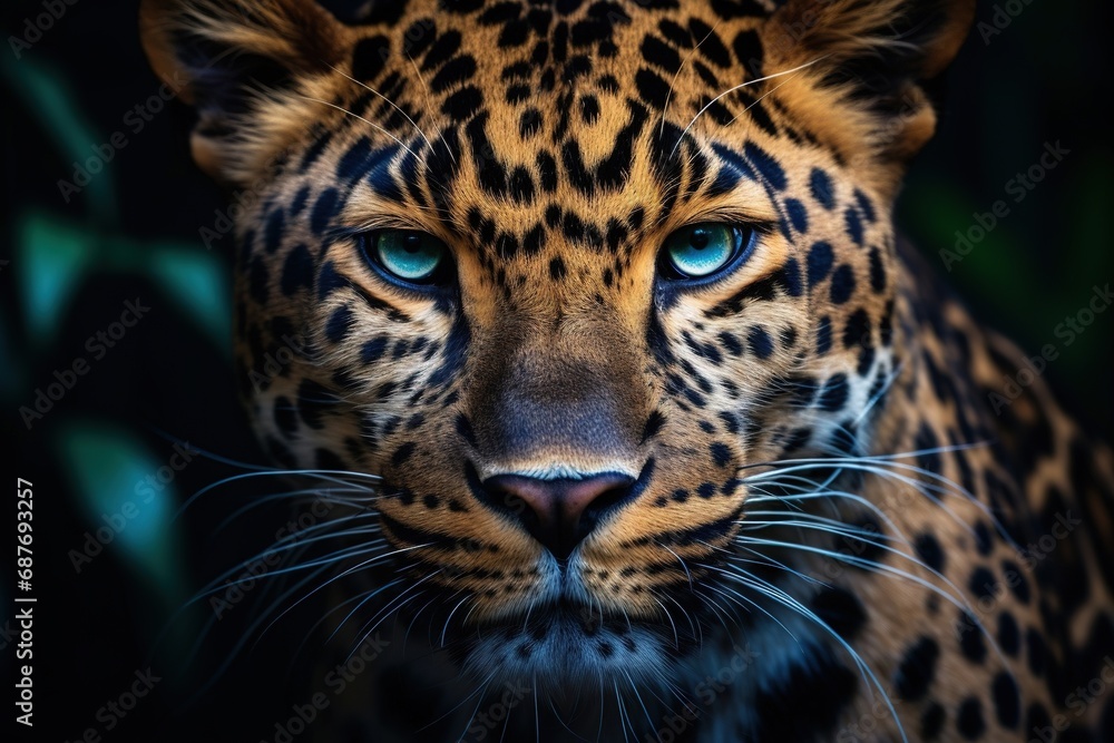 Close up leopard portrait on dark background Close up leopard portrait on dark background