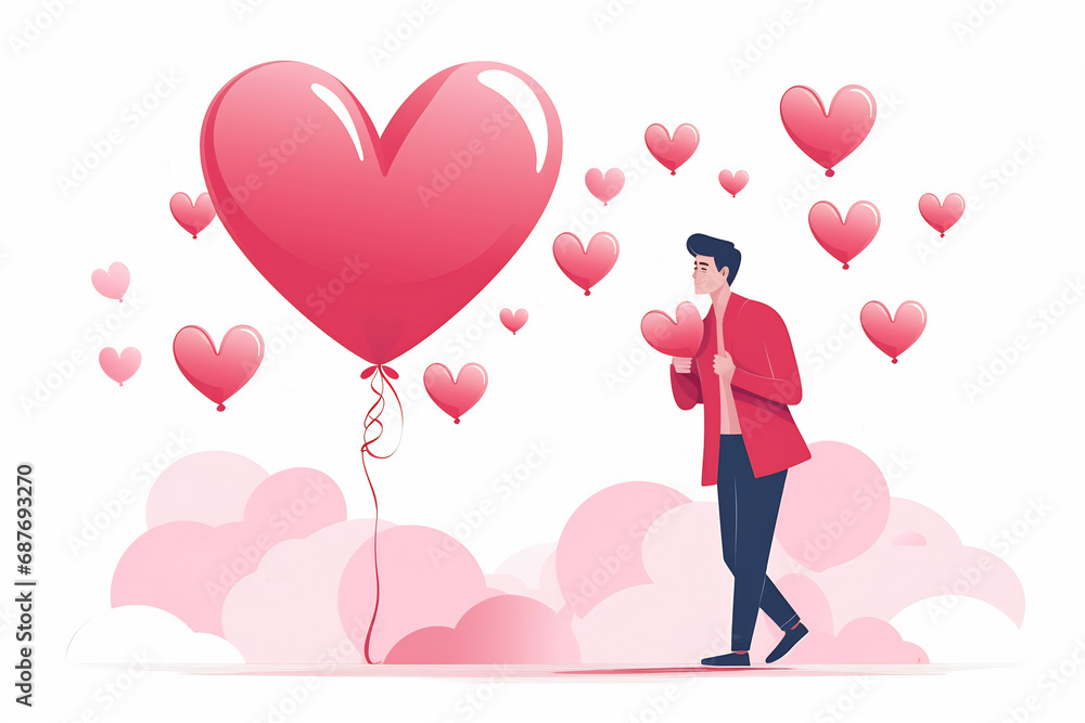 Illustration of a man in love. Fall in love, emoji, facial expression, emotional face. Flat style illustration. Hearts