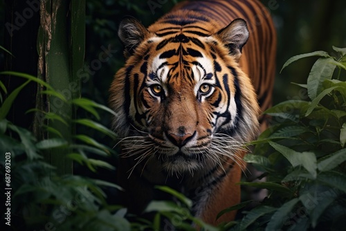bengal tiger standing with bamboo bushes in background © evgenia_lo