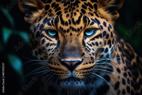 Close up leopard portrait on dark background © evgenia_lo