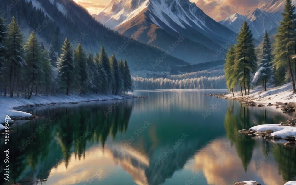 reflection in the lake and mountains with snow and also tall tree 