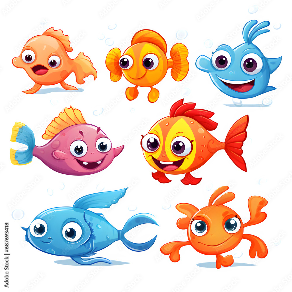 Fototapeta premium set of cartoon fishes isolated on transparent background Generative AI