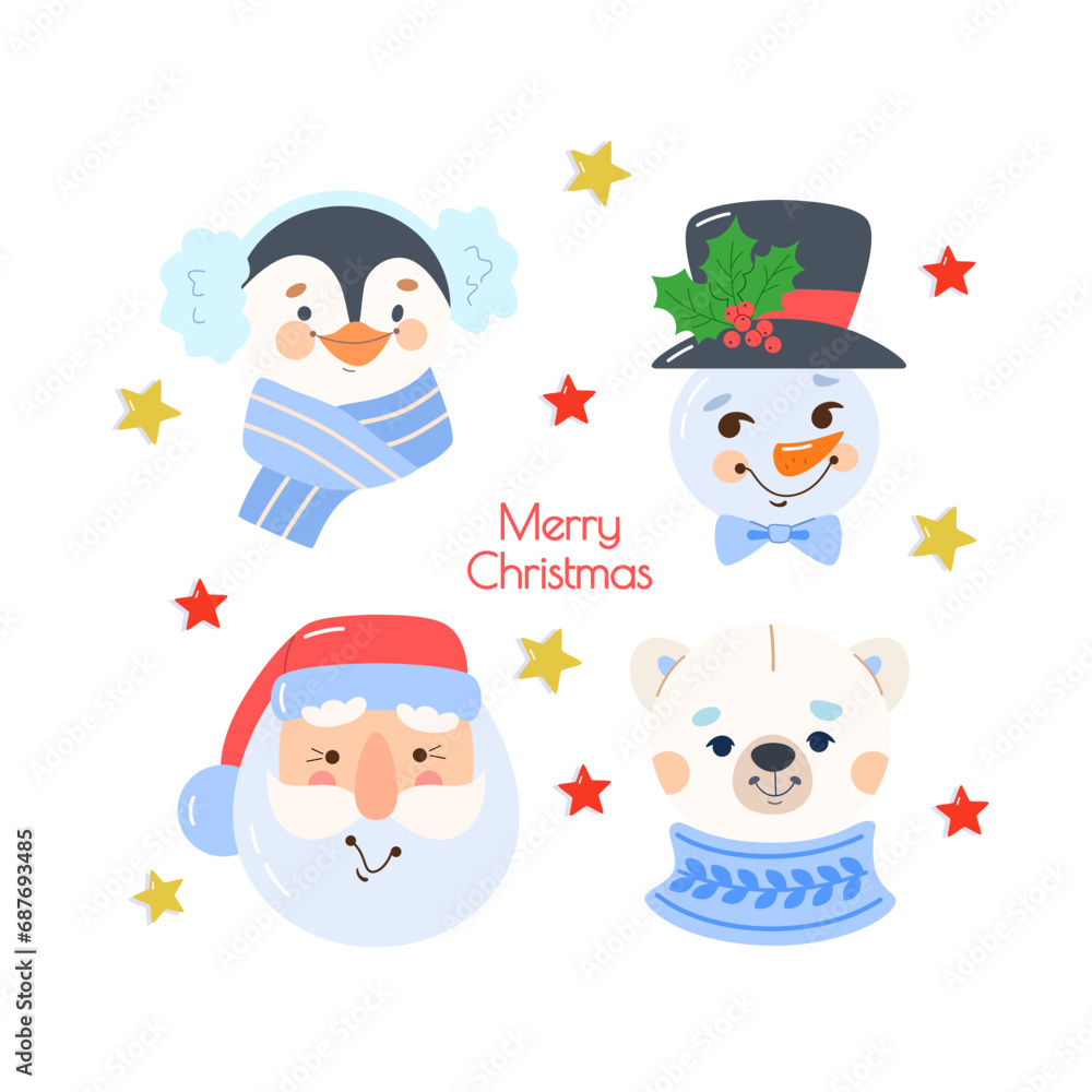 Set of Christmas characters: Santa Claus, snowman in bowler hat with holly berries, penguin in an earmuff, white polar bear in sweater. Cute Christmas greeting card on white background. Set of Christmas characters: Santa Claus, snowman in bowler hat with holly berries, penguin in an earmuff, white polar bear in sweater. Cute Christmas greeting card on white background.