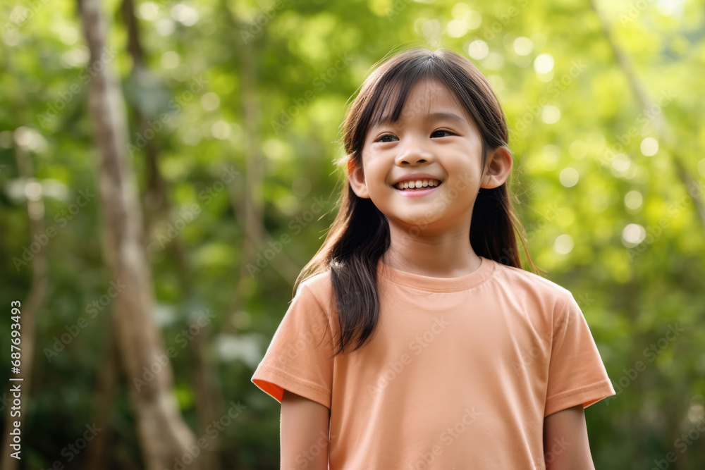 A young girl in an orange shirt smiles in front of trees A young girl in an orange shirt smiles in front of trees