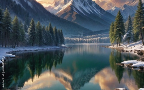 reflection in the lake and mountains with snow and also tall tree 