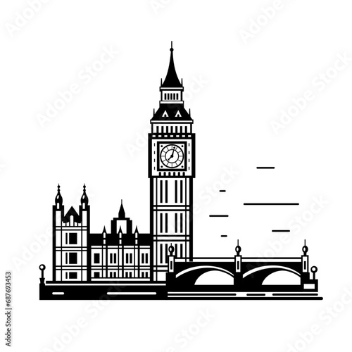 Big Ben tower (London, UK) silhouette isolated on white background. Vector flat illustration