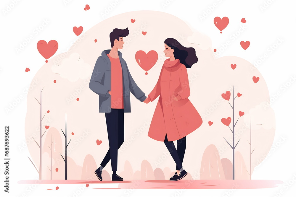Illustration of a couple in love. Fall in love, emoji, facial expression, emotional face. Flat style illustration. Hearts Illustration of a couple in love. Fall in love, emoji, facial expression, emotional face. Flat style illustration. Hearts
